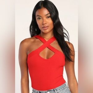 Lulus Criss Cross Ribbed Red Bodysuit